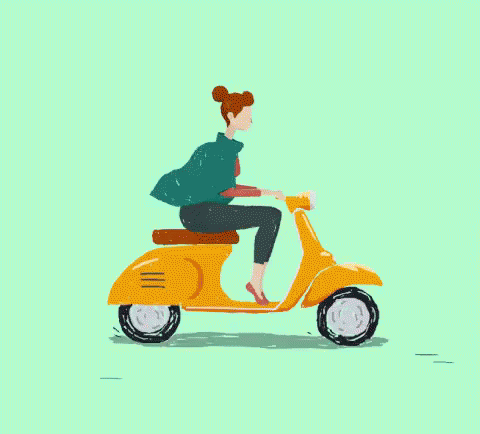 woman on motor scooter in green background with blue accents