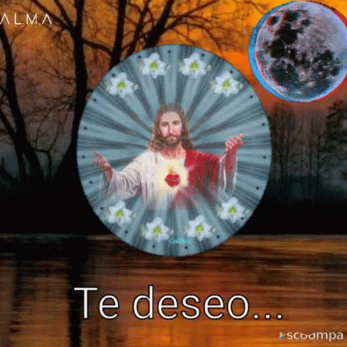 a stylized pograph of jesus in a blue and gold landscape with the words te deseo