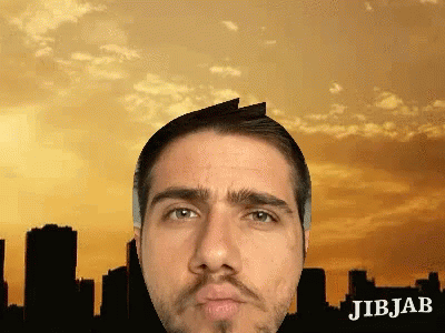 a man with a fake face standing in front of a skyline