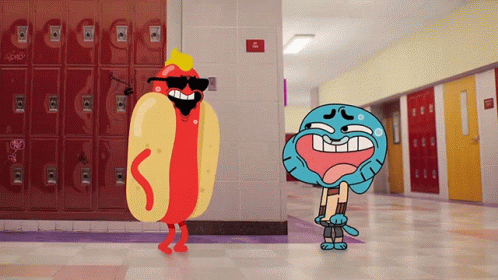 two cartoon characters standing in a hallway by a door