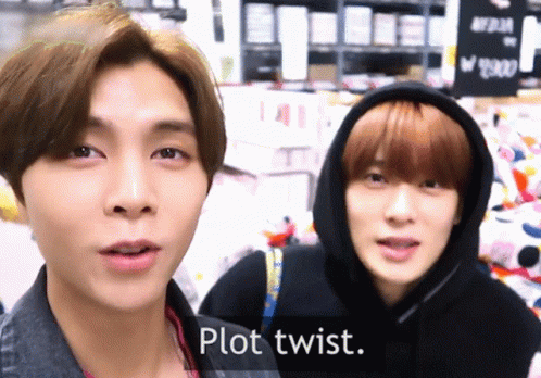 two men wearing hoodies with the words plot twist on their faces