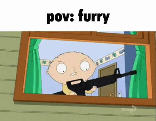 a cartoon character in a window with the caption pov furry