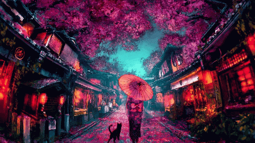a woman walks down a sidewalk with an open umbrella
