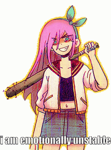 a drawing of a girl with pink hair holding a bat