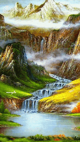 a painting of mountains, and a river is featured with clouds