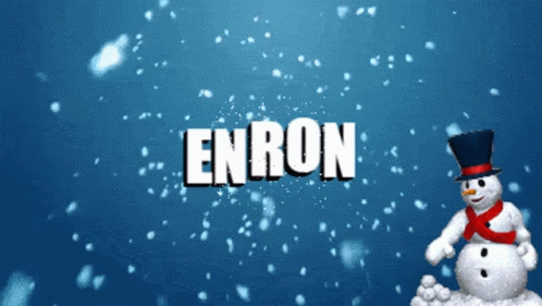 snow man in an iceman hat and scarf with the word enron above it