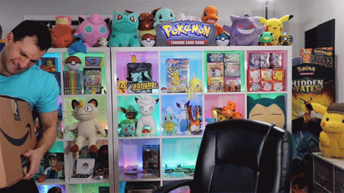 a room with several stuffed animals and games and bookshelves