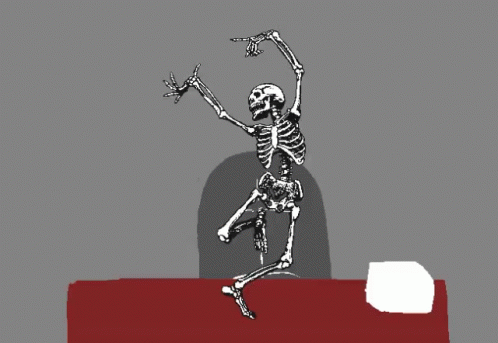 a cartoon skeleton running up and down a wall