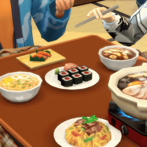 the animated character eats from his table with sushi dishes