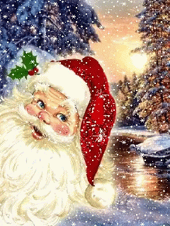 a painting of santa claus by the river