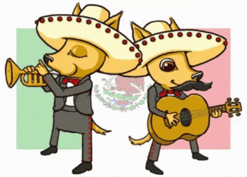 a blue cat in a mexican outfit playing a trumpet next to a blue dog wearing a hat with a mustache