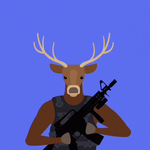 a blue deer with horns holding a gun