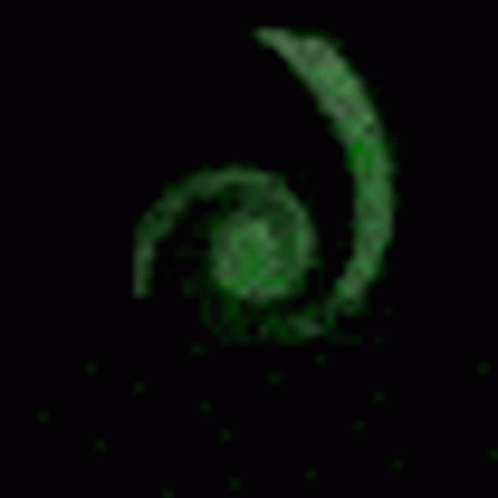 a dark green spiral like object with dots in the bottom corner