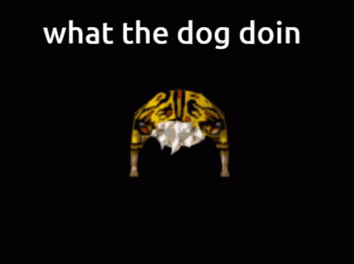 an illustrated blue and white dog with a black background text reads what the dog doin