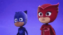 two animated cats are wearing red and purple uniforms