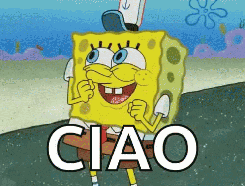 a cartoon character holds a knife in front of a text that says ciao