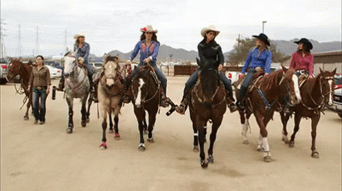 several people with hats on top riding horses in a parking lot