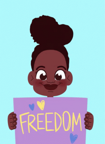 an illustration of a cartoon character holding a sign reading freedom