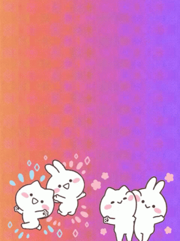 an animated picture of an elephant, rabbit, and cat on a pink and blue background