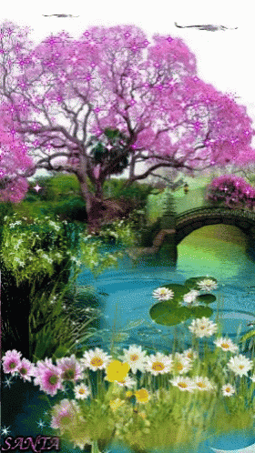 a garden scene that includes a bridge and lots of flowers