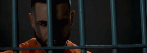 the image of a man wearing a blue jacket is reflected in the bars of a cell