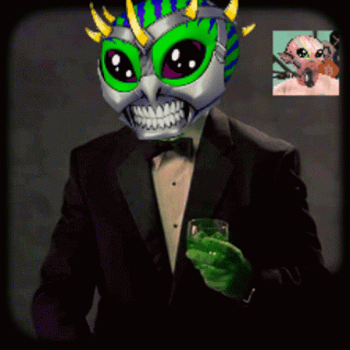 a man in a tuxedo holding a drink with skulls on his head
