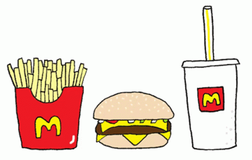 an illustration shows hamburgers, a drink, and fries