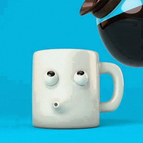 a teapot and a white coffee mug have a googly eye