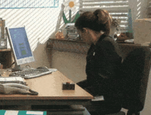 a person sitting at a desk with her computer and papers on it