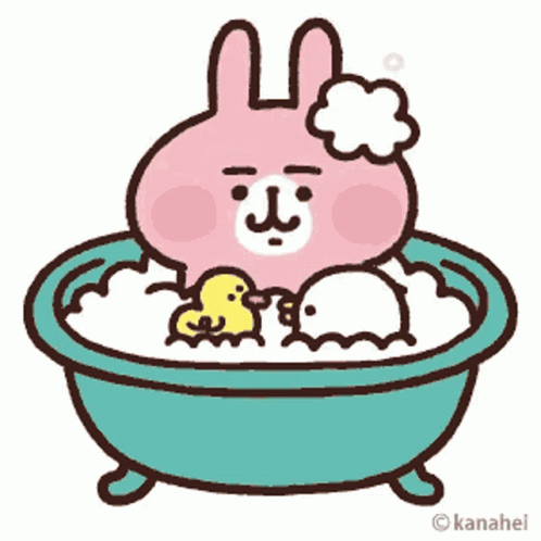a cartoon bunny sitting in a tub while holding a toy