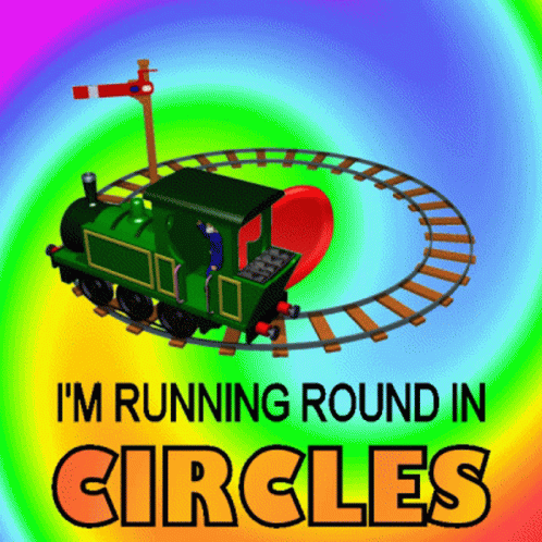 a green and black train and an orange circle with words