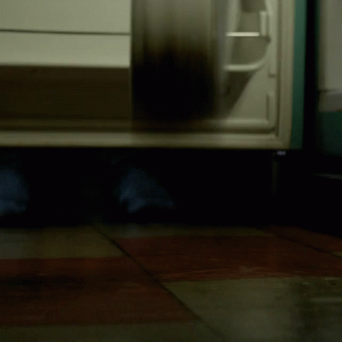 a door is open with the reflection of someones feet in front of it