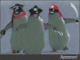 the four penguins are in a row with hats on