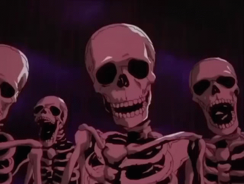 three skeletons standing next to each other with  pouring out the bones
