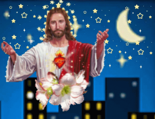 the jesus christ is on top of a building with stars above it