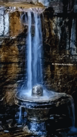 this painting is of a fountain with a waterfall running from it