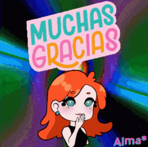 a character is shown with the words, much as gracias