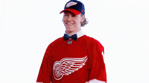 a man wearing a blue detroit red wings shirt with wings and bowtie