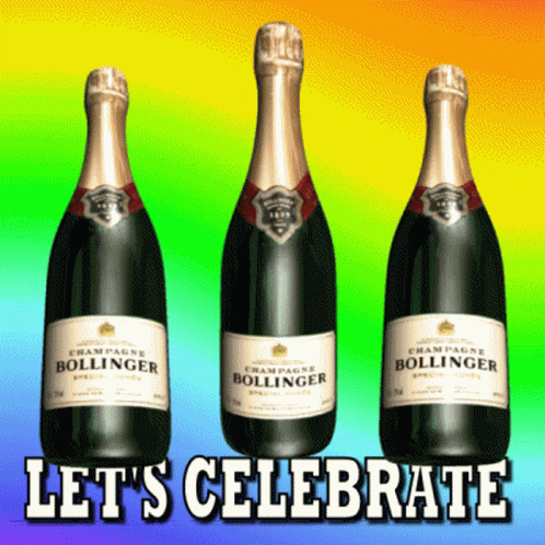 a rainbow colored background with three bottle of champagne