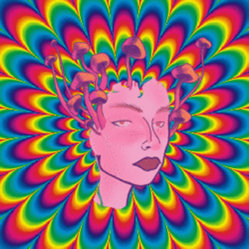 a close up of a person's face with a psychedelic background