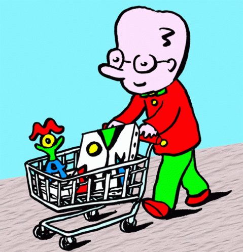 this cartoon features a man hing a shopping cart with a stuffed animal