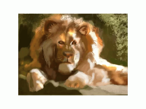 a painting of a lion in the background with trees behind it