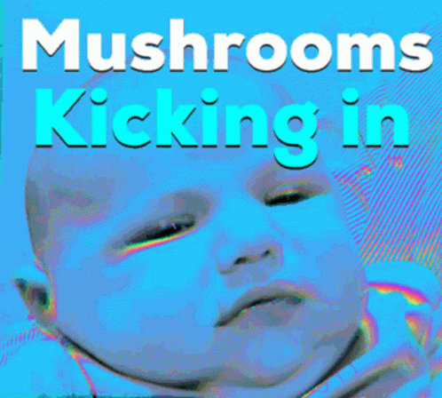 a little baby crying with the words mushrooms kicking in