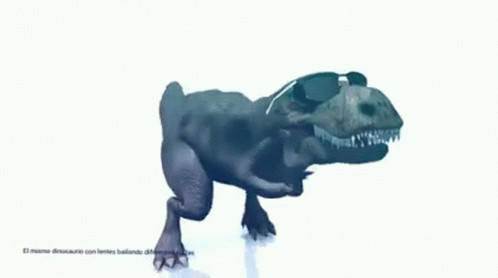 the dinosaur is walking with large teeth and head