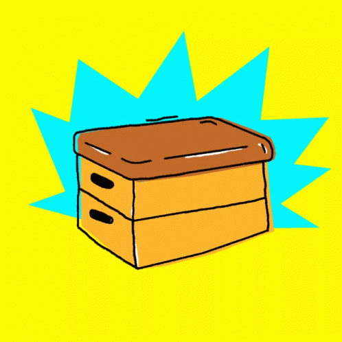 a cartoon blue box sitting under yellow and white beams