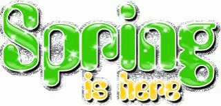 an image of the word spring is here in green letters