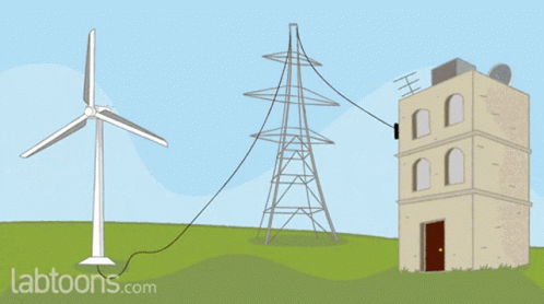 a cartoon illustration of a house with a wind turbine and a windmill