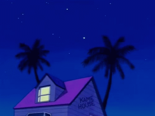 a cartoon home under a red sky with palm trees
