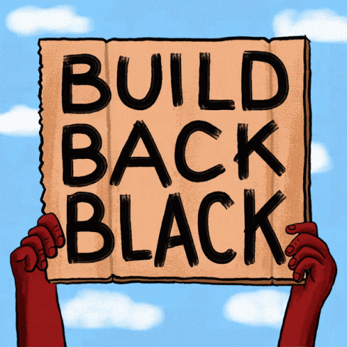 a drawing of two hands holding a paper with a text on it that says build back black