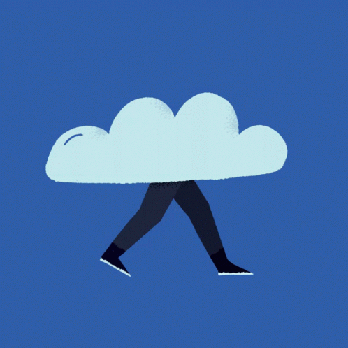 a drawing of a person walking on a cloud